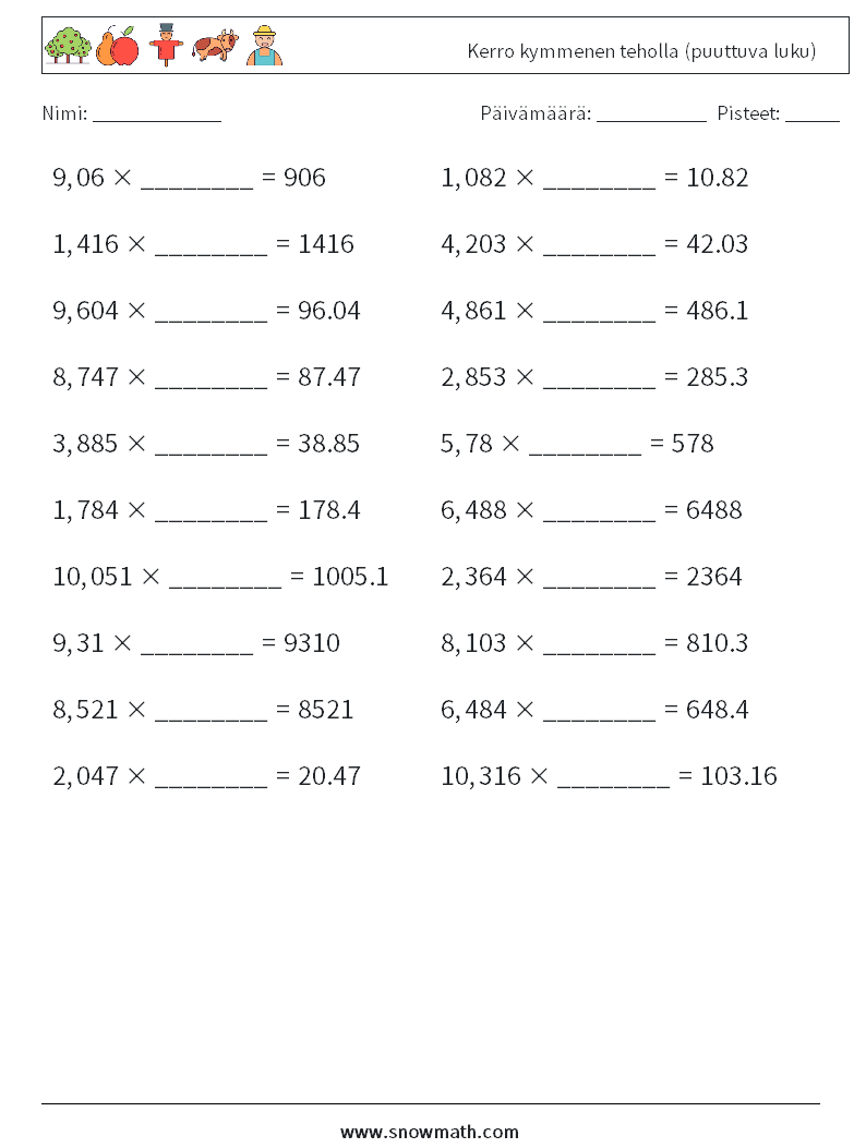 Kerro kymmenen teholla (puuttuva luku) Matematiikan laskentataulukot 2