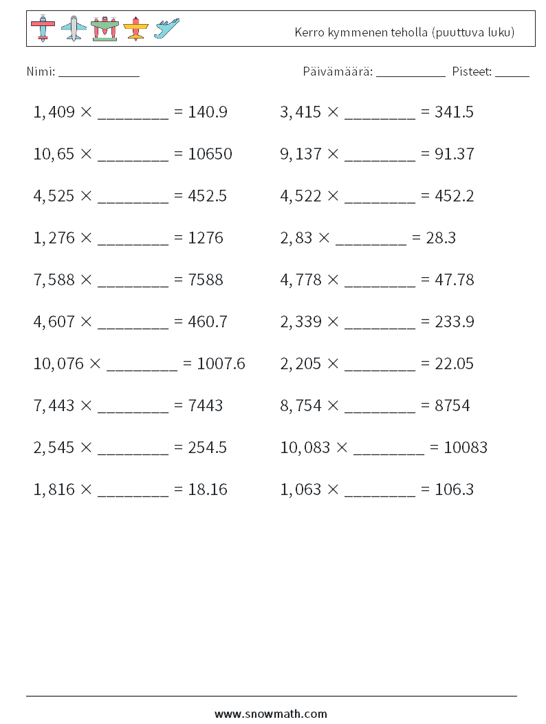 Kerro kymmenen teholla (puuttuva luku) Matematiikan laskentataulukot 3