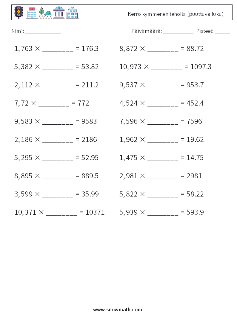 Kerro kymmenen teholla (puuttuva luku) Matematiikan laskentataulukot 5