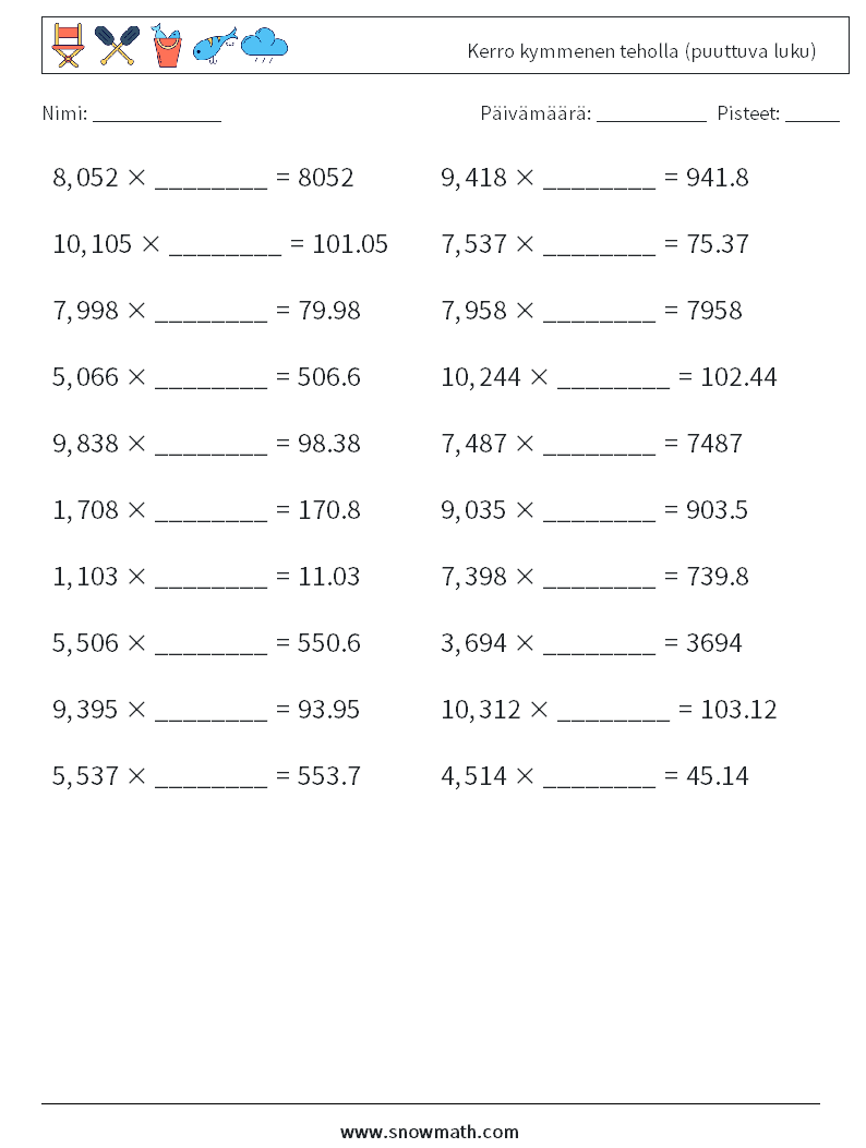 Kerro kymmenen teholla (puuttuva luku) Matematiikan laskentataulukot 6