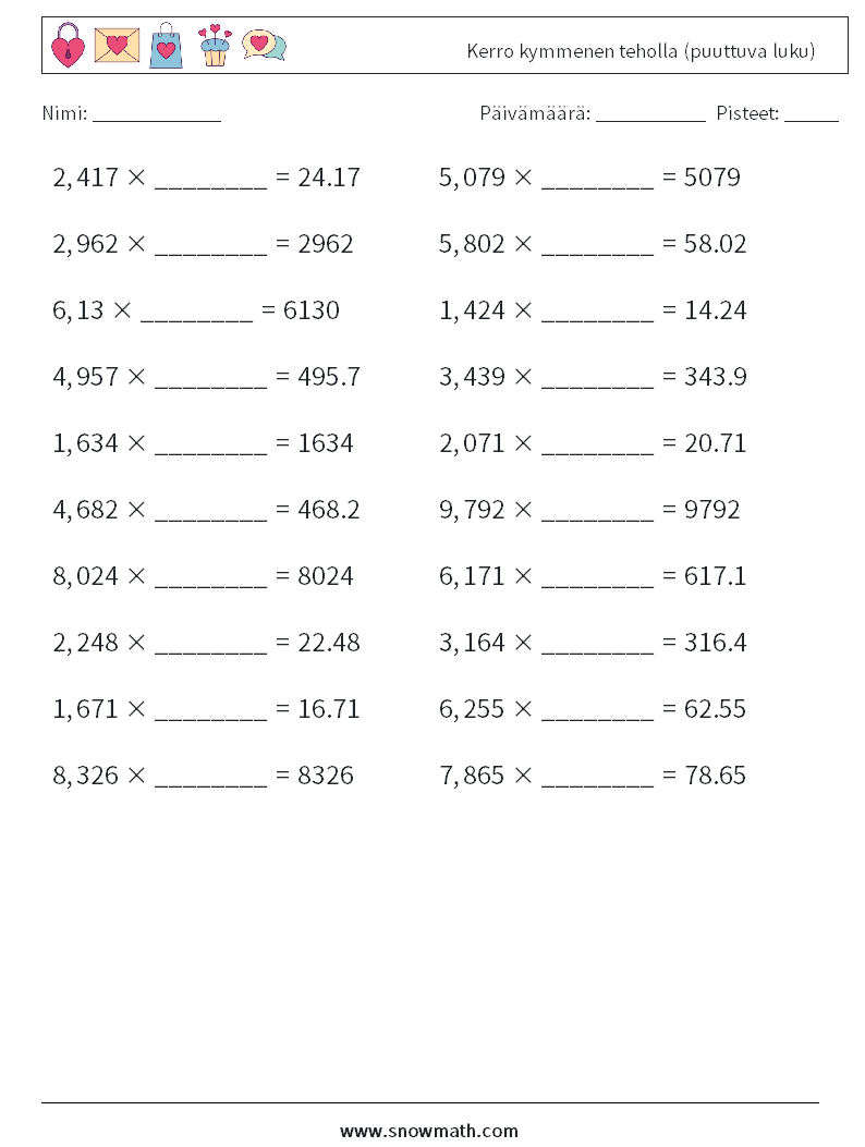 Kerro kymmenen teholla (puuttuva luku) Matematiikan laskentataulukot 7