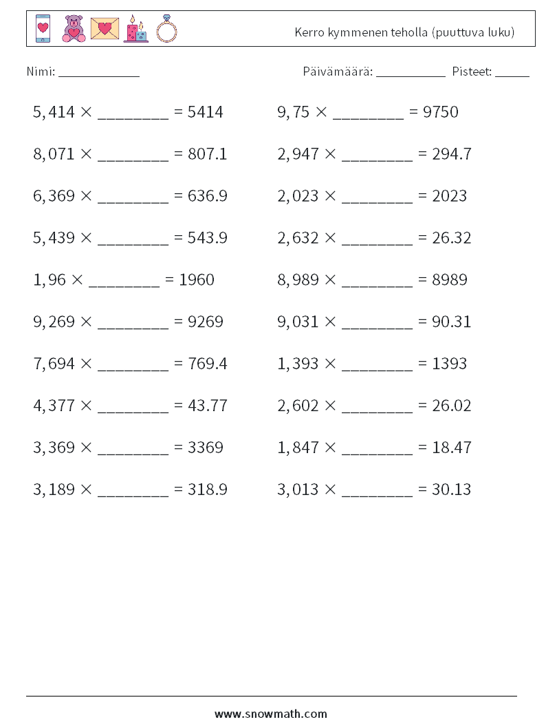 Kerro kymmenen teholla (puuttuva luku) Matematiikan laskentataulukot 8