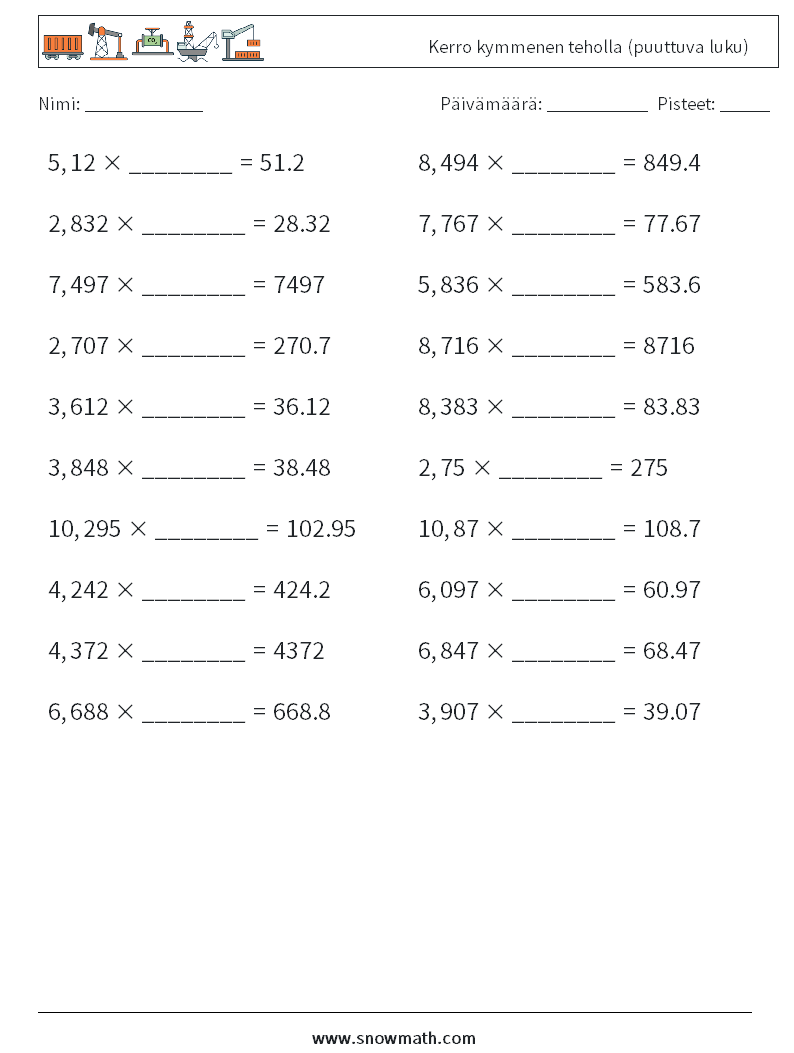 Kerro kymmenen teholla (puuttuva luku) Matematiikan laskentataulukot 9