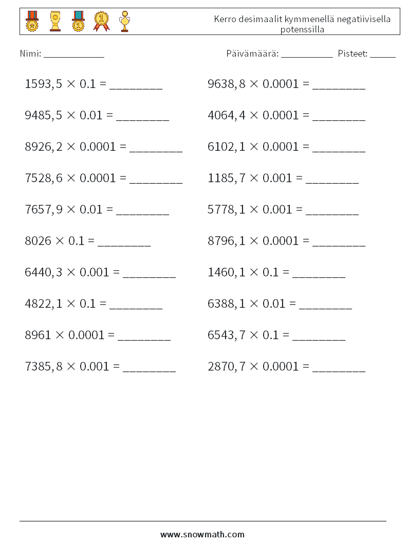 Kerro desimaalit kymmenellä negatiivisella potenssilla Matematiikan laskentataulukot 10