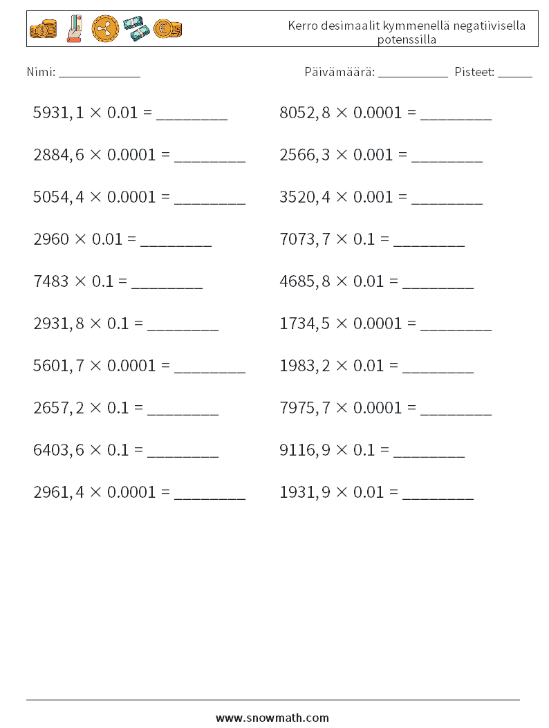 Kerro desimaalit kymmenellä negatiivisella potenssilla Matematiikan laskentataulukot 11