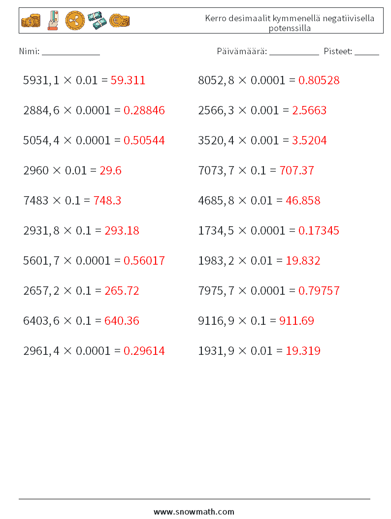 Kerro desimaalit kymmenellä negatiivisella potenssilla Matematiikan laskentataulukot 11 Kysymys, vastaus