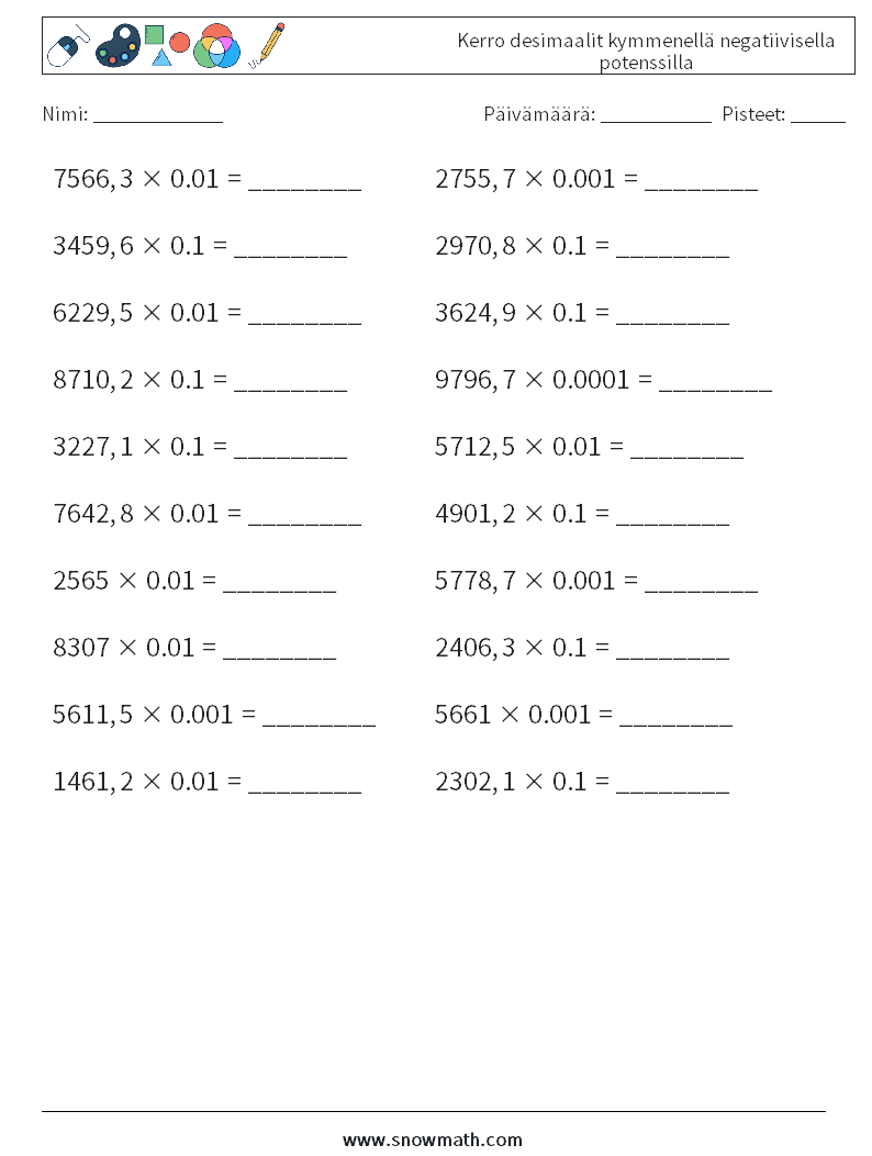 Kerro desimaalit kymmenellä negatiivisella potenssilla Matematiikan laskentataulukot 12