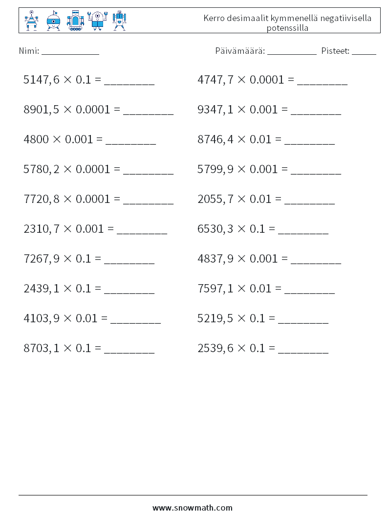 Kerro desimaalit kymmenellä negatiivisella potenssilla Matematiikan laskentataulukot 13