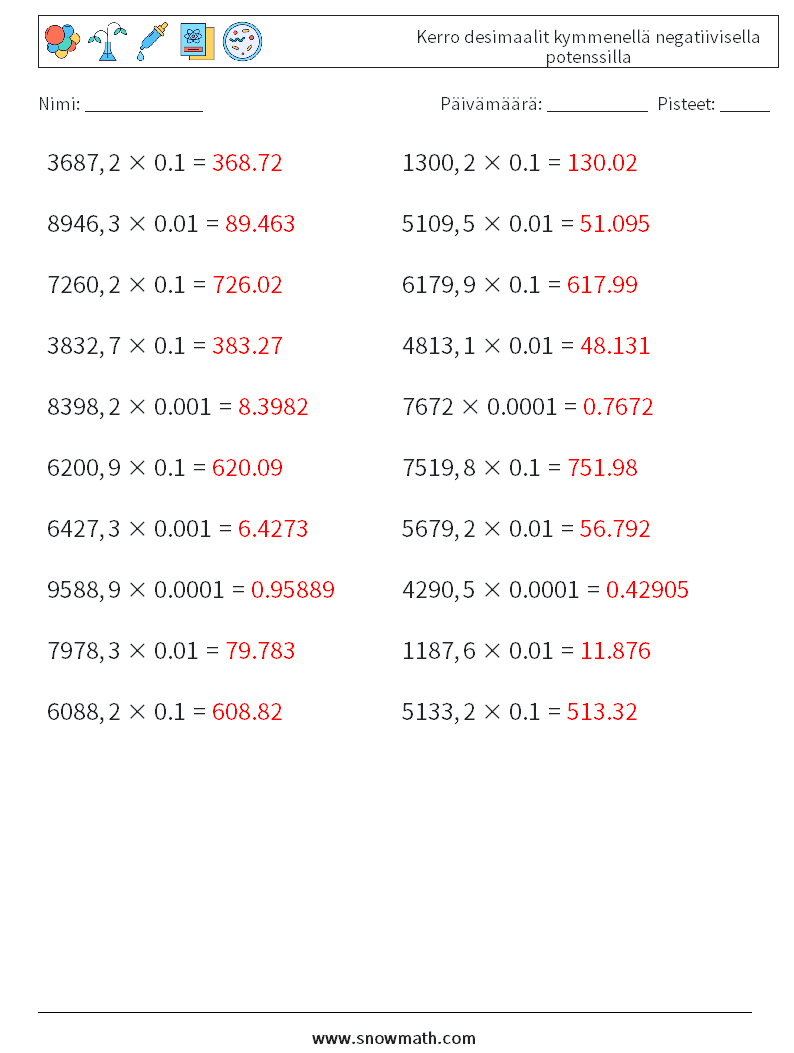 Kerro desimaalit kymmenellä negatiivisella potenssilla Matematiikan laskentataulukot 16 Kysymys, vastaus