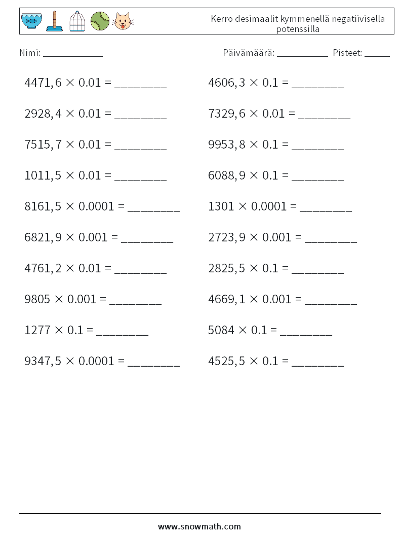 Kerro desimaalit kymmenellä negatiivisella potenssilla Matematiikan laskentataulukot 18