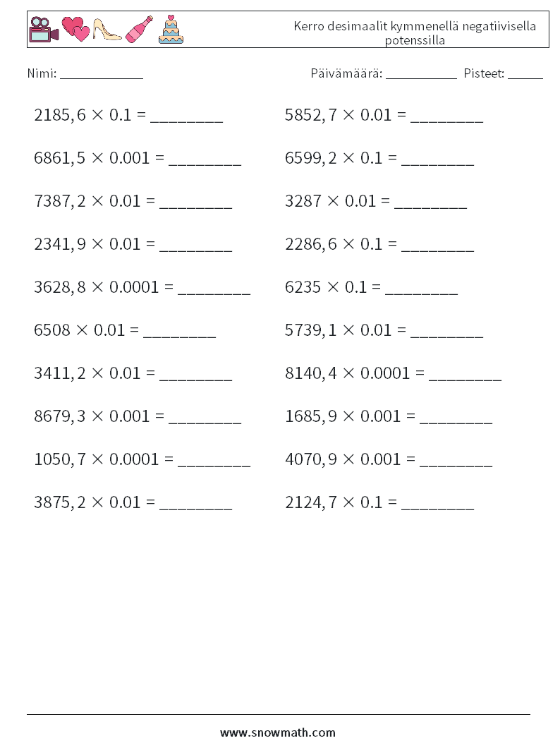 Kerro desimaalit kymmenellä negatiivisella potenssilla Matematiikan laskentataulukot 3