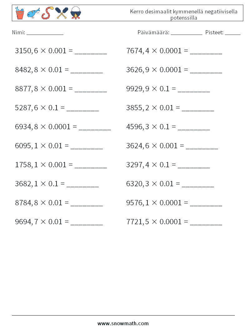 Kerro desimaalit kymmenellä negatiivisella potenssilla Matematiikan laskentataulukot 7