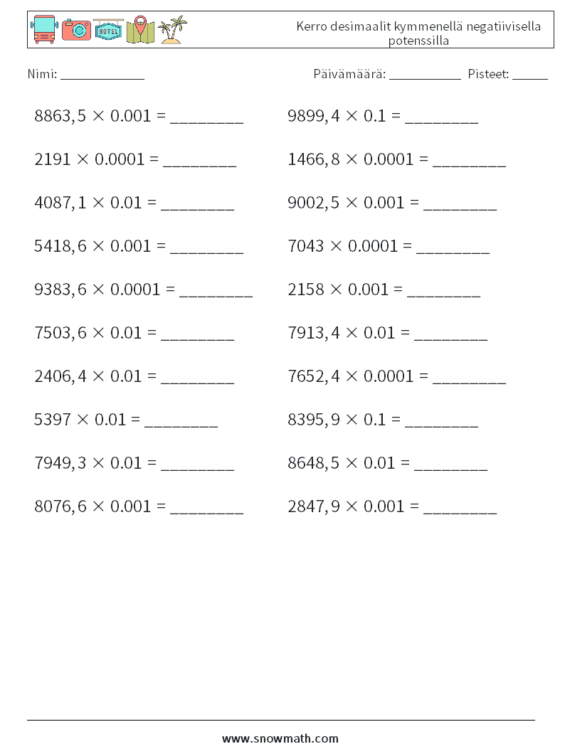 Kerro desimaalit kymmenellä negatiivisella potenssilla Matematiikan laskentataulukot 8