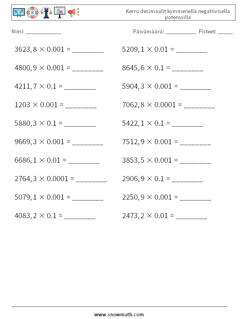 Kerro desimaalit kymmenellä negatiivisella potenssilla Matematiikan laskentataulukot 9