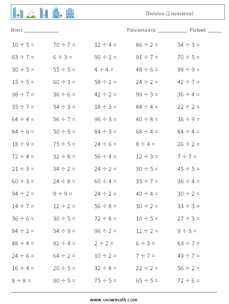 (100) Division (2 numeroa) Matematiikan laskentataulukot 2