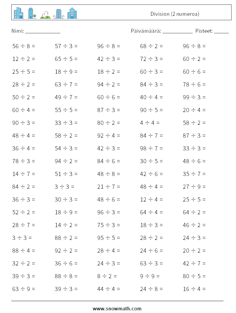 (100) Division (2 numeroa) Matematiikan laskentataulukot 3