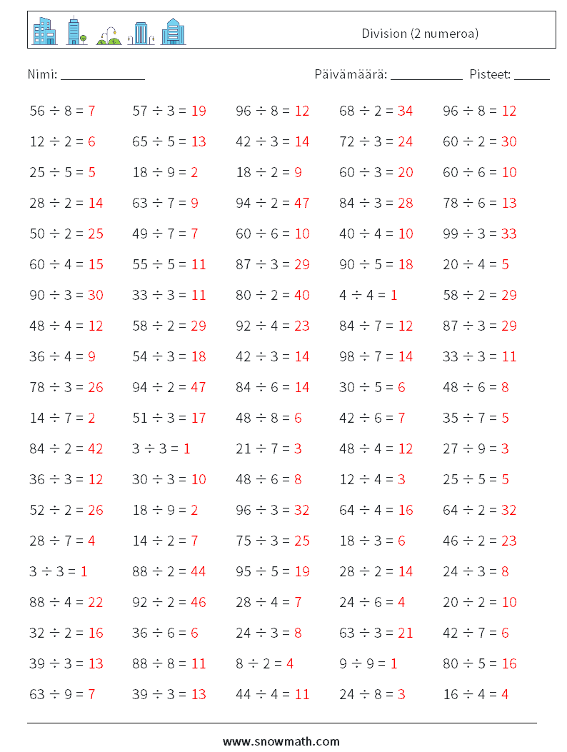 (100) Division (2 numeroa) Matematiikan laskentataulukot 3 Kysymys, vastaus