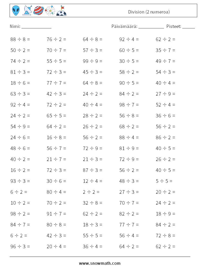 (100) Division (2 numeroa) Matematiikan laskentataulukot 6