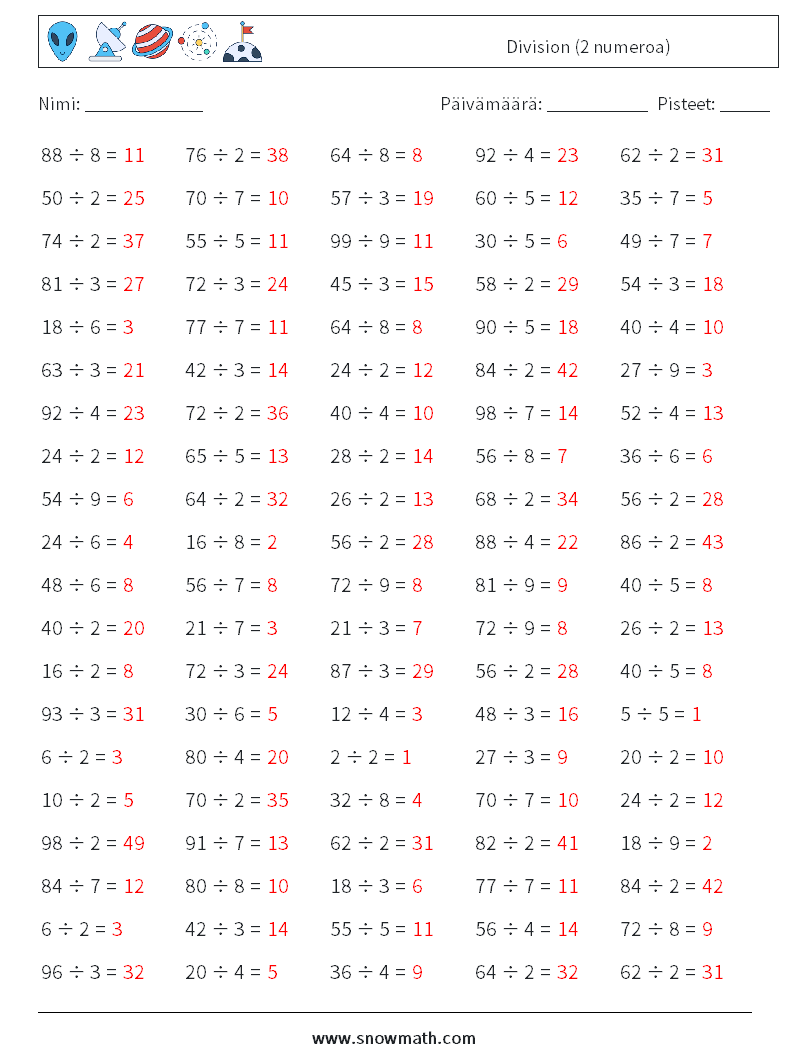 (100) Division (2 numeroa) Matematiikan laskentataulukot 6 Kysymys, vastaus