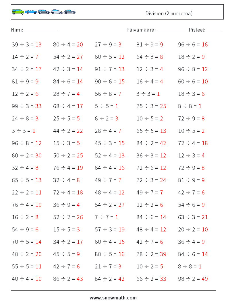 (100) Division (2 numeroa) Matematiikan laskentataulukot 7 Kysymys, vastaus