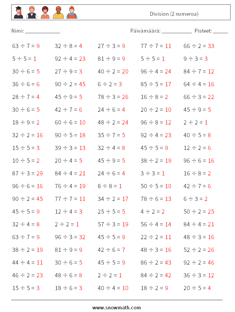 (100) Division (2 numeroa) Matematiikan laskentataulukot 9 Kysymys, vastaus
