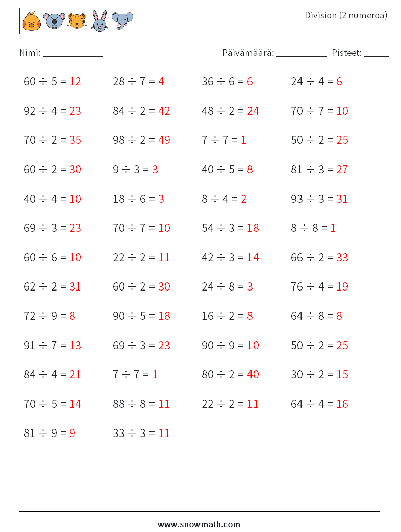 (50) Division (2 numeroa) Matematiikan laskentataulukot 1 Kysymys, vastaus
