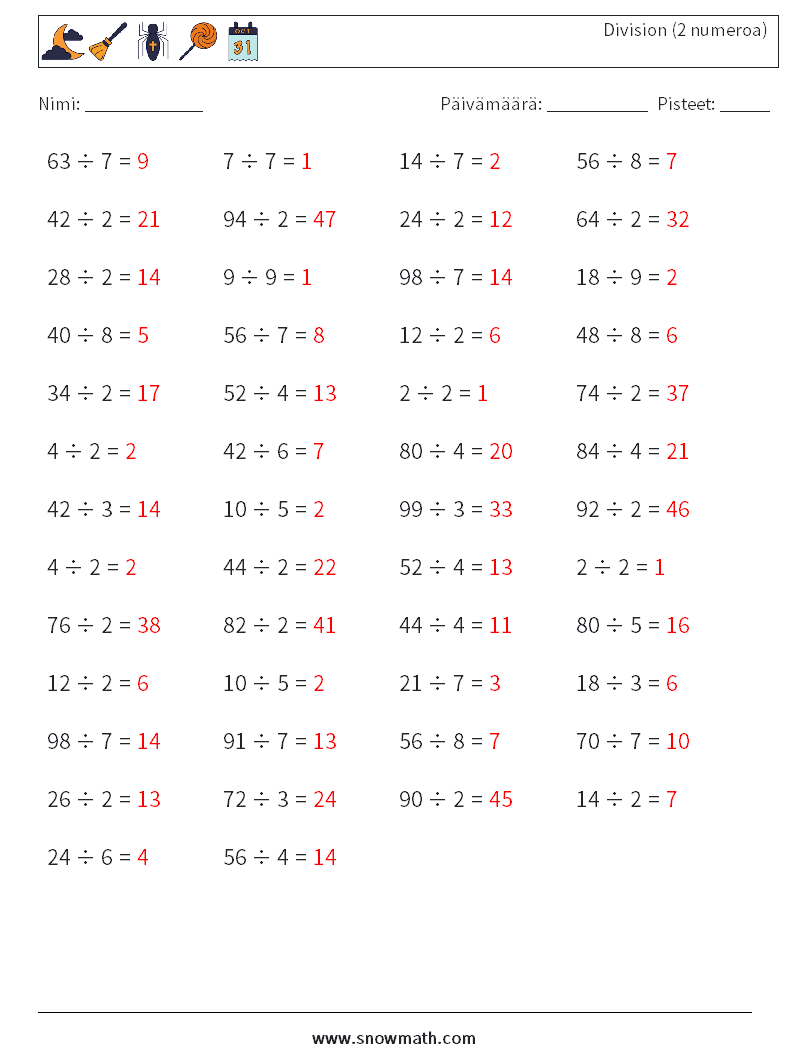 (50) Division (2 numeroa) Matematiikan laskentataulukot 2 Kysymys, vastaus
