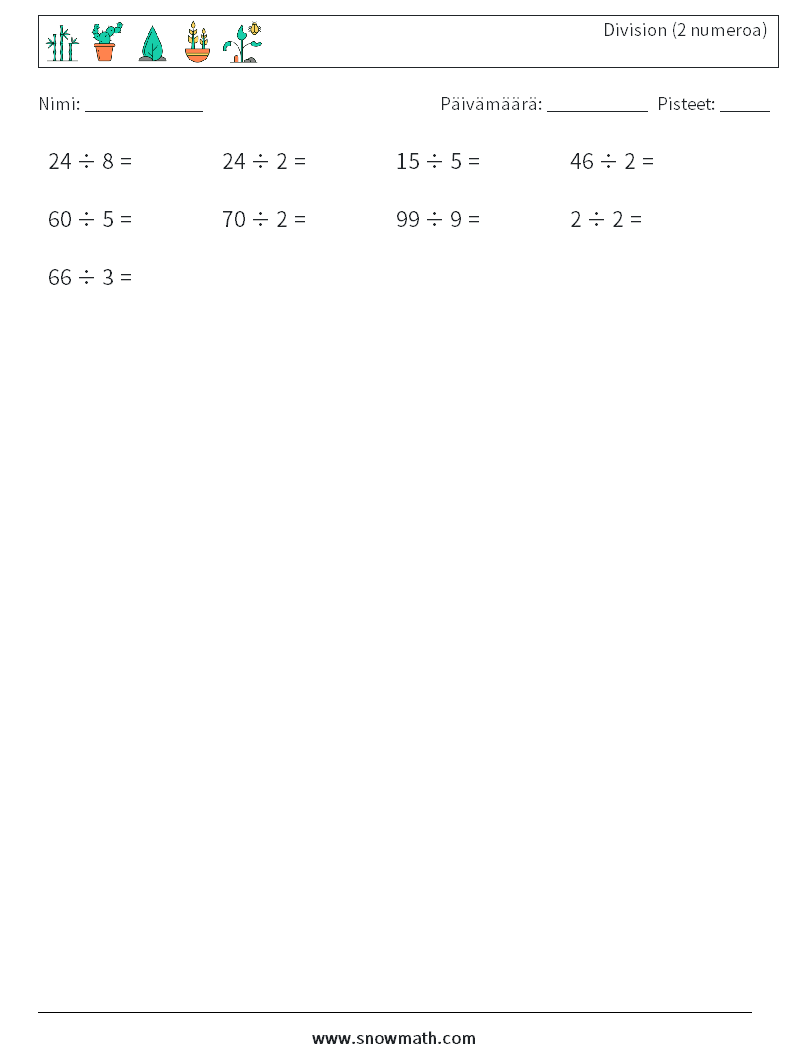 (50) Division (2 numeroa) Matematiikan laskentataulukot 3