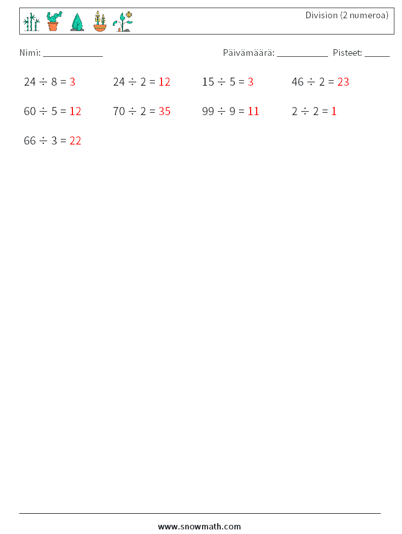 (50) Division (2 numeroa) Matematiikan laskentataulukot 3 Kysymys, vastaus