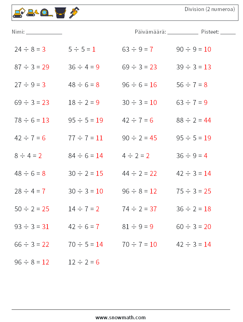(50) Division (2 numeroa) Matematiikan laskentataulukot 4 Kysymys, vastaus