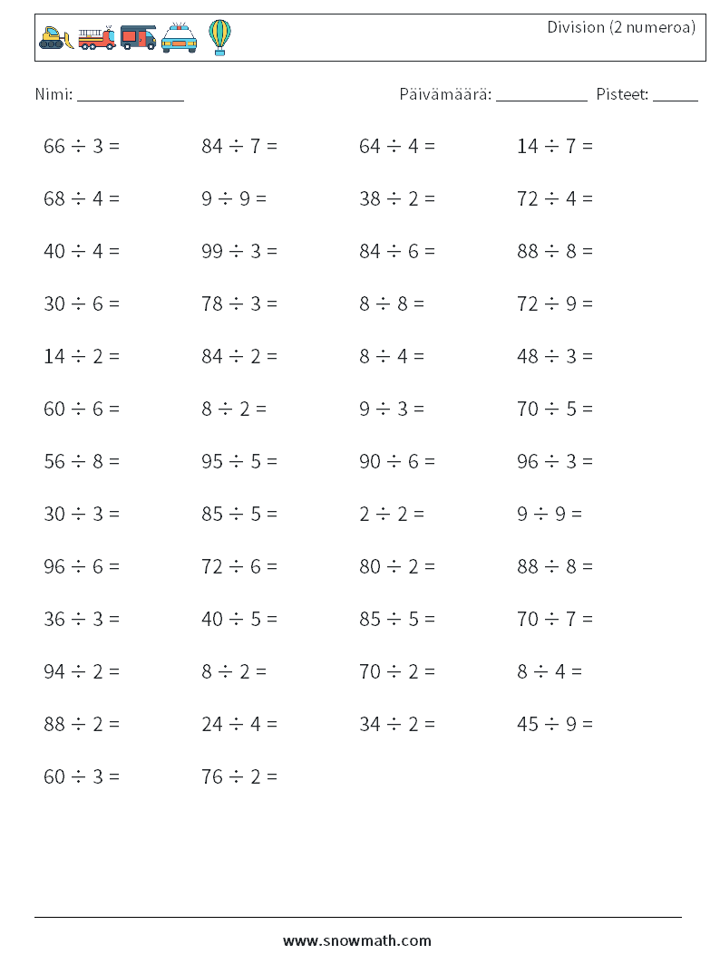 (50) Division (2 numeroa) Matematiikan laskentataulukot 5