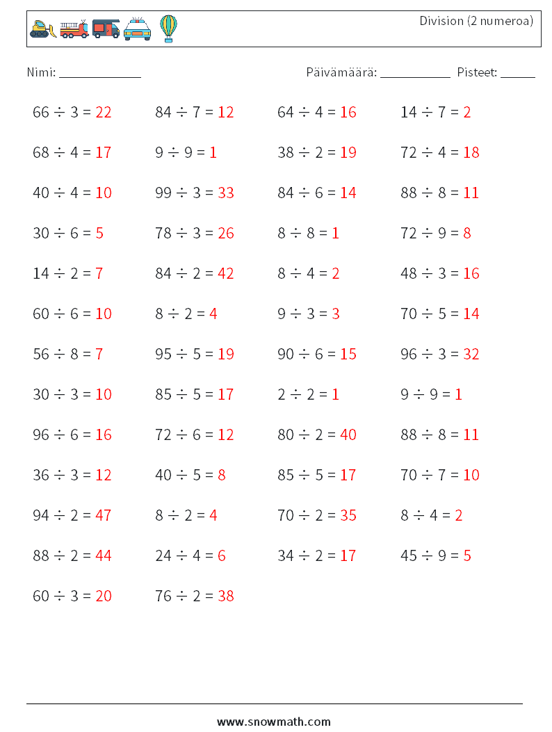 (50) Division (2 numeroa) Matematiikan laskentataulukot 5 Kysymys, vastaus