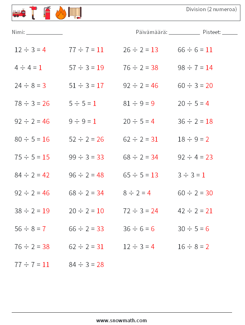 (50) Division (2 numeroa) Matematiikan laskentataulukot 6 Kysymys, vastaus