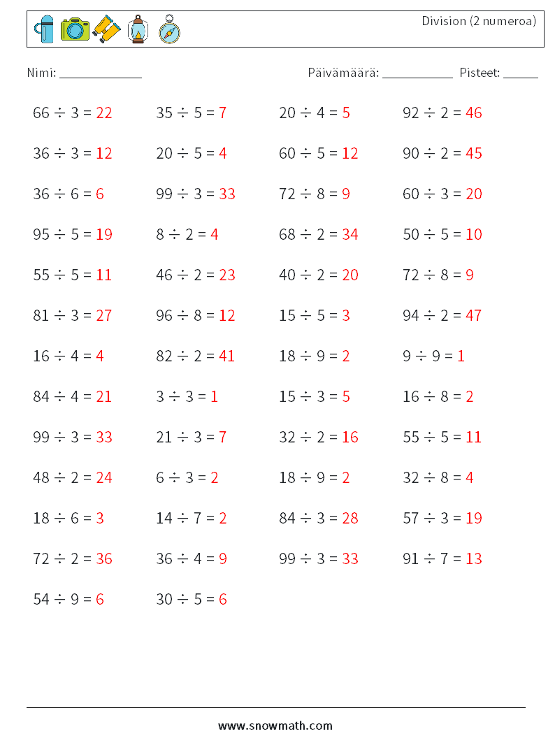 (50) Division (2 numeroa) Matematiikan laskentataulukot 7 Kysymys, vastaus