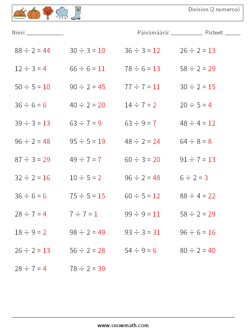 (50) Division (2 numeroa) Matematiikan laskentataulukot 8 Kysymys, vastaus
