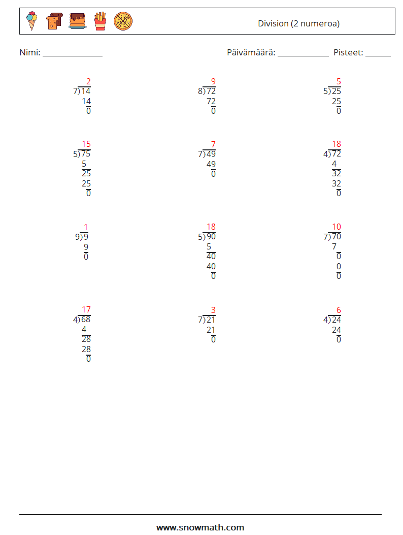 (12) Division (2 numeroa) Matematiikan laskentataulukot 10 Kysymys, vastaus