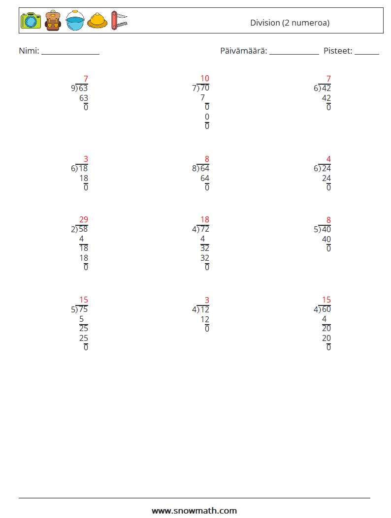 (12) Division (2 numeroa) Matematiikan laskentataulukot 11 Kysymys, vastaus
