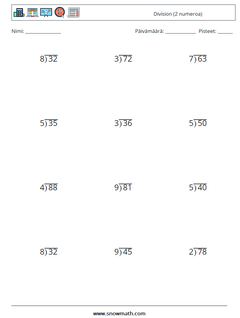 (12) Division (2 numeroa) Matematiikan laskentataulukot 12