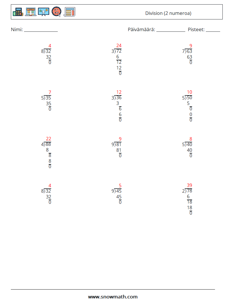 (12) Division (2 numeroa) Matematiikan laskentataulukot 12 Kysymys, vastaus