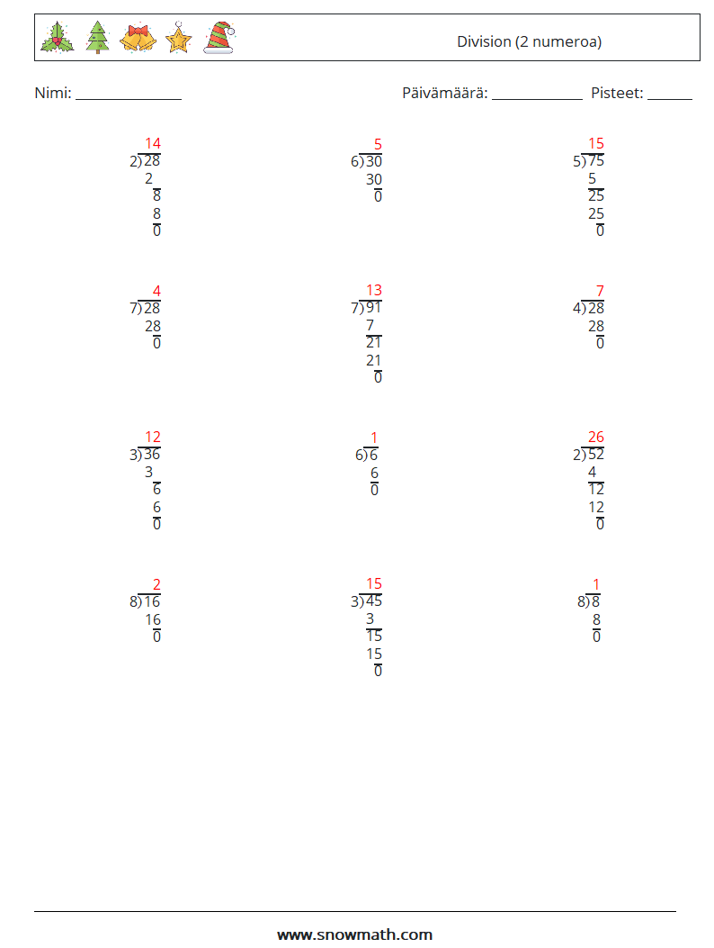 (12) Division (2 numeroa) Matematiikan laskentataulukot 13 Kysymys, vastaus