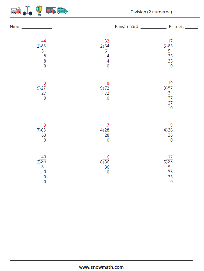 (12) Division (2 numeroa) Matematiikan laskentataulukot 15 Kysymys, vastaus
