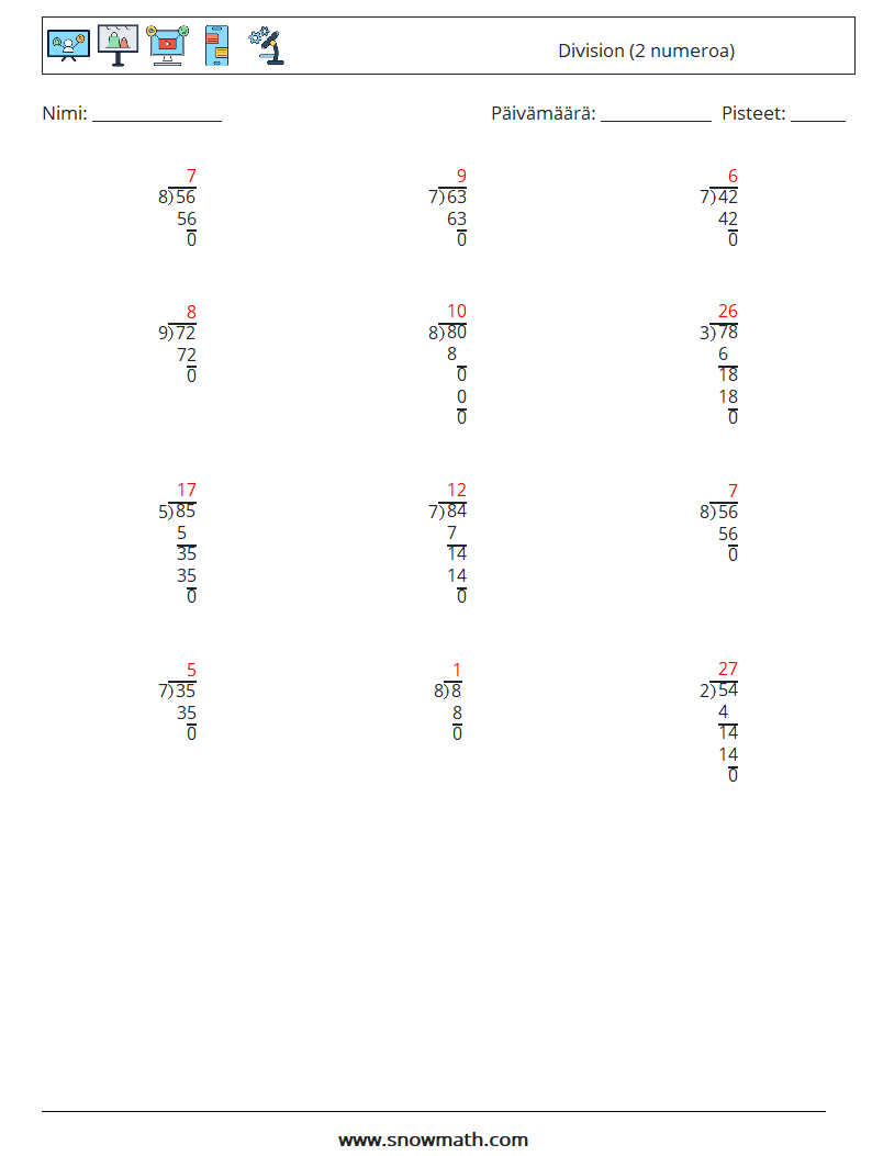 (12) Division (2 numeroa) Matematiikan laskentataulukot 16 Kysymys, vastaus