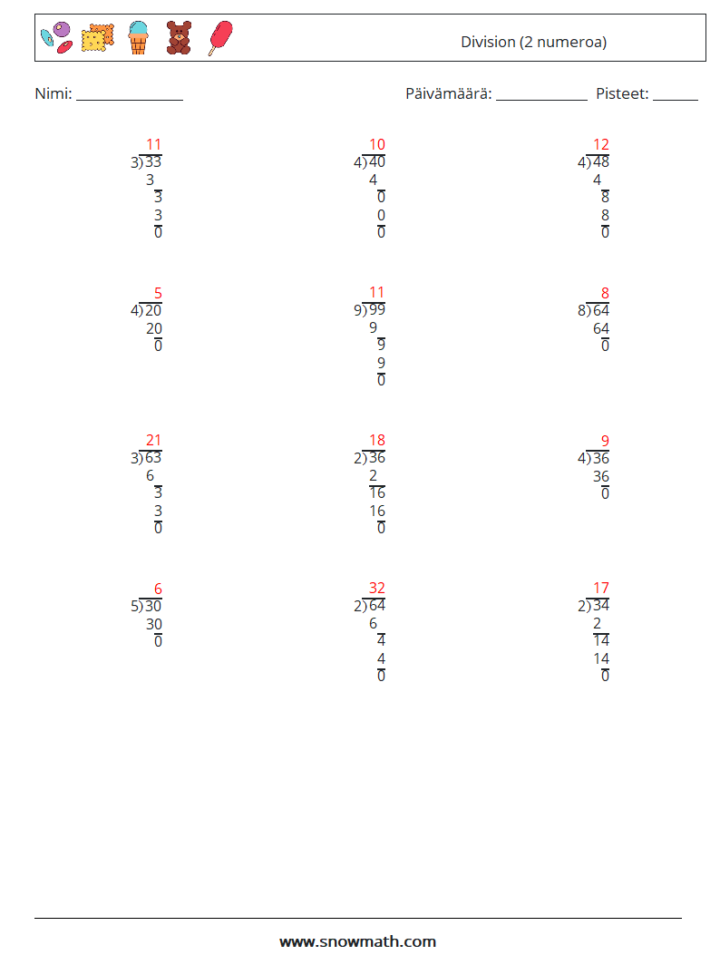 (12) Division (2 numeroa) Matematiikan laskentataulukot 18 Kysymys, vastaus