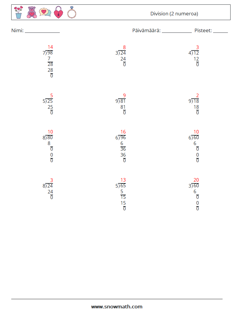 (12) Division (2 numeroa) Matematiikan laskentataulukot 1 Kysymys, vastaus