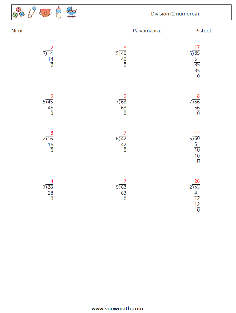 (12) Division (2 numeroa) Matematiikan laskentataulukot 2 Kysymys, vastaus