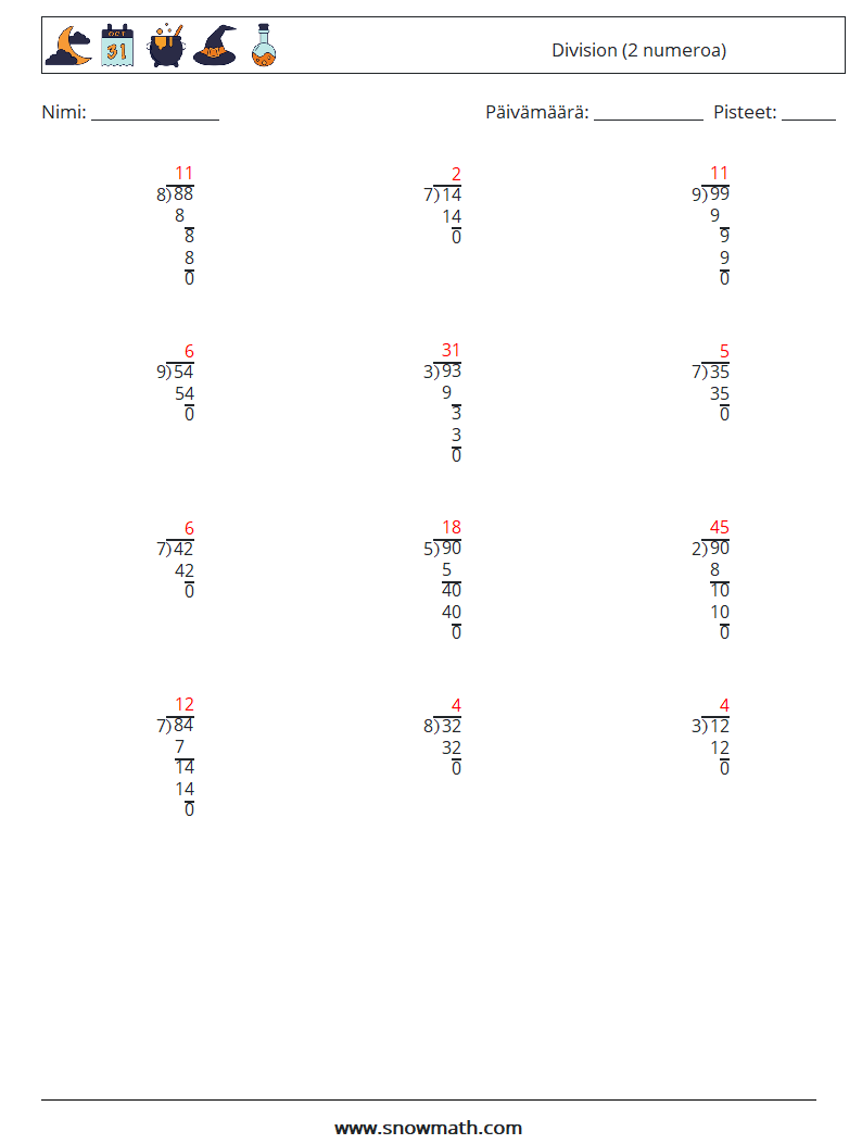 (12) Division (2 numeroa) Matematiikan laskentataulukot 4 Kysymys, vastaus