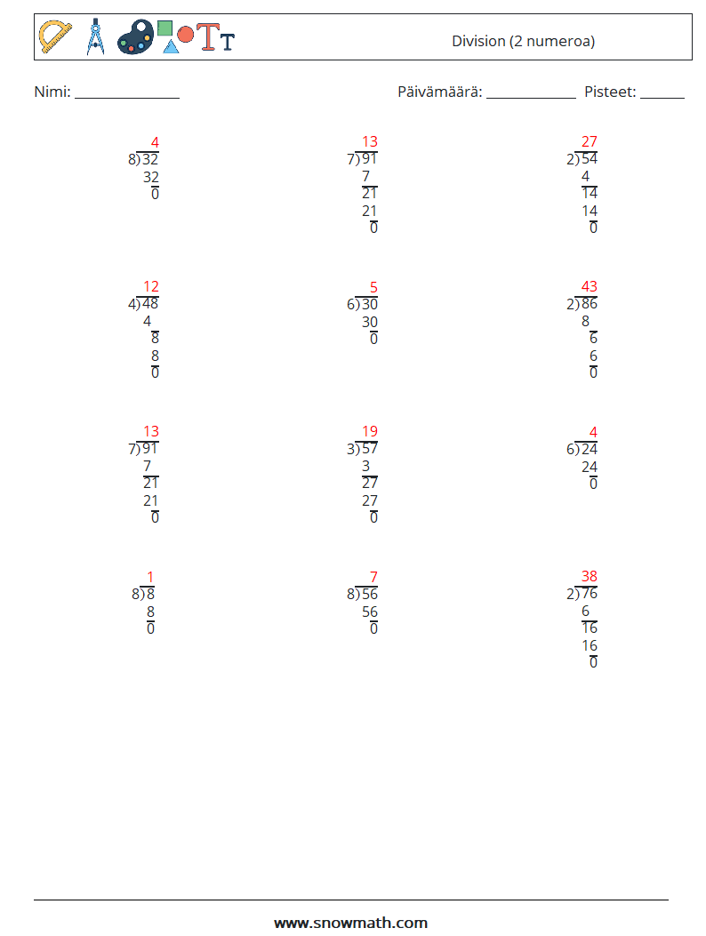 (12) Division (2 numeroa) Matematiikan laskentataulukot 5 Kysymys, vastaus