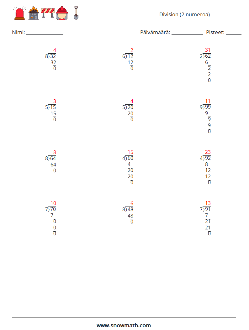 (12) Division (2 numeroa) Matematiikan laskentataulukot 6 Kysymys, vastaus