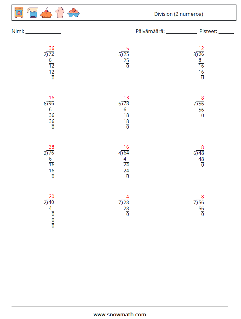 (12) Division (2 numeroa) Matematiikan laskentataulukot 7 Kysymys, vastaus