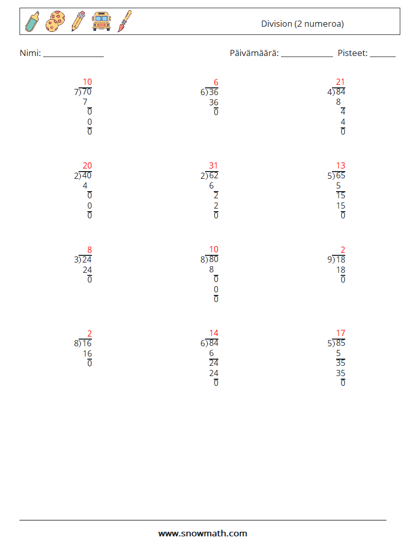 (12) Division (2 numeroa) Matematiikan laskentataulukot 8 Kysymys, vastaus